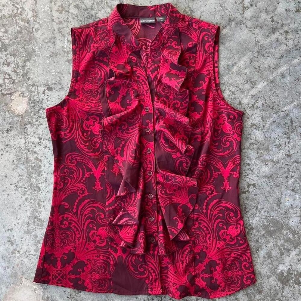 Covington Red Burgundy Damask Ruffle Front Sleeveless Blouse Top S/C